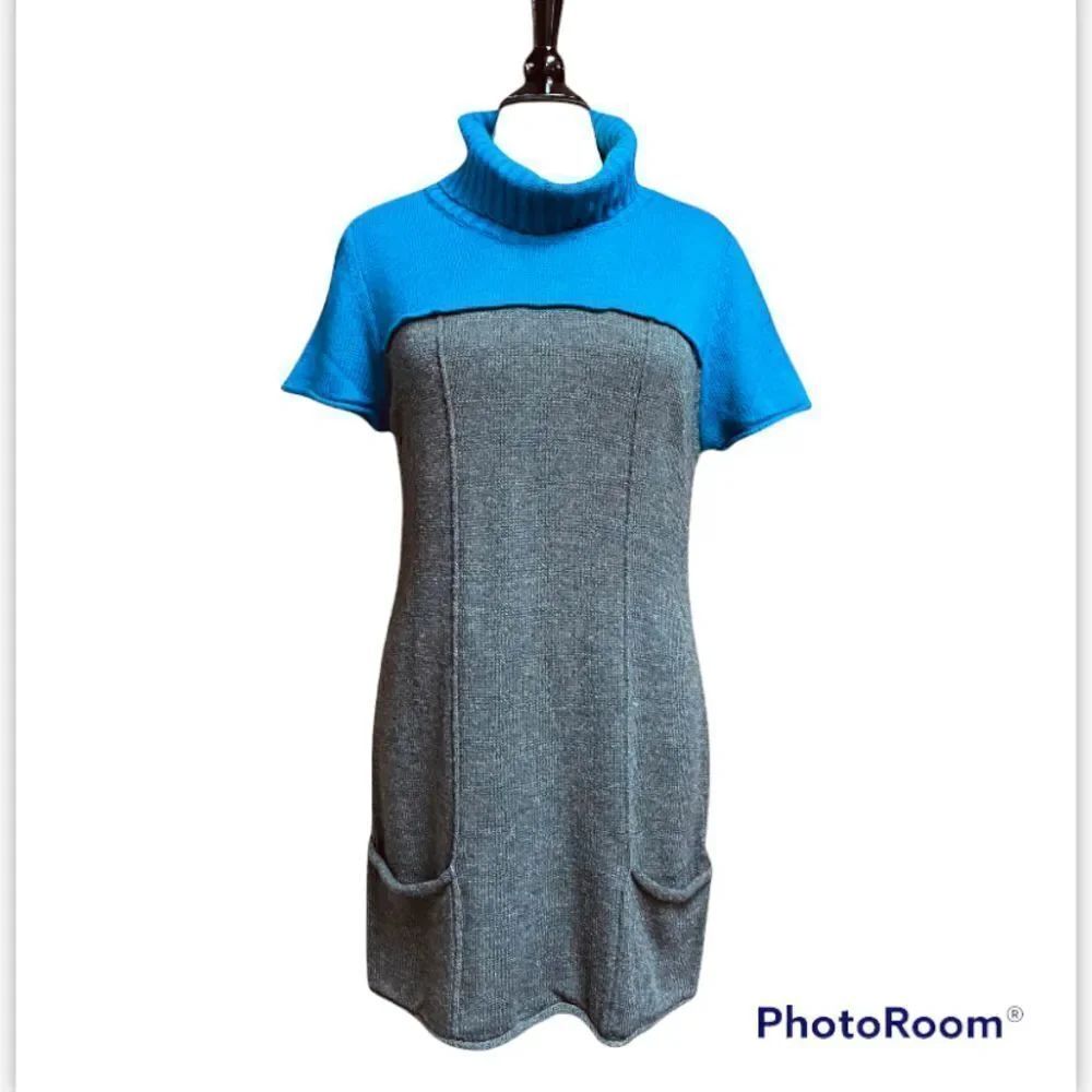 Elementz Gray & Blue Turtleneck Short Sleeve Sweater Dress Size Large